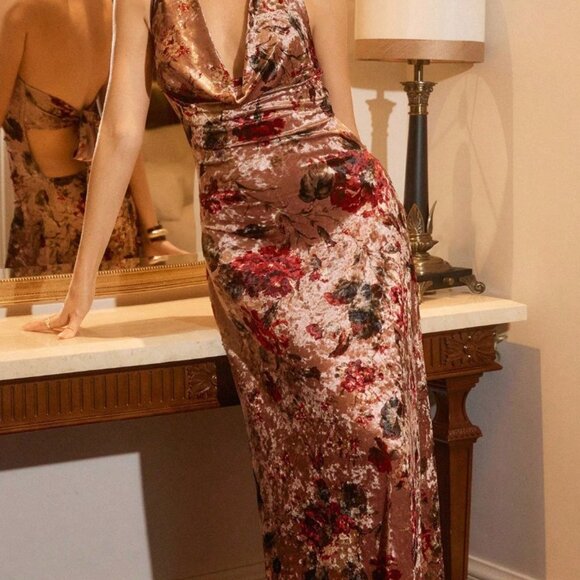 Multicolor Elegant Women's Floral Velvet Party Maxi Dress - Picture 3 of 8